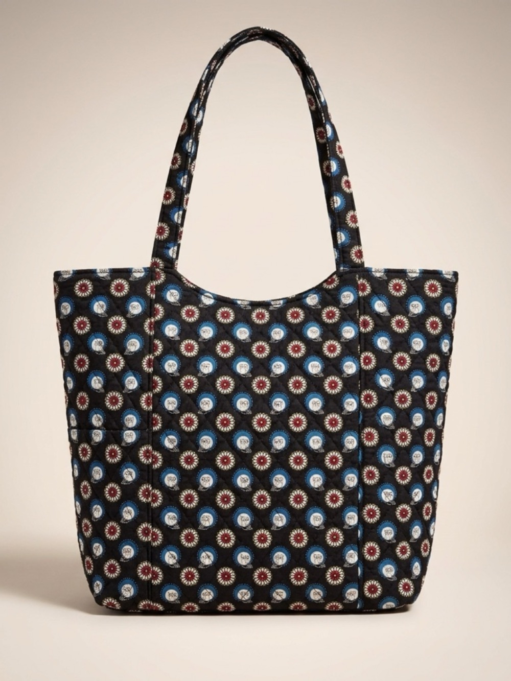 Vera Bradley Owl Bag Black Patterned Tote Bag with Blue and Red Accents